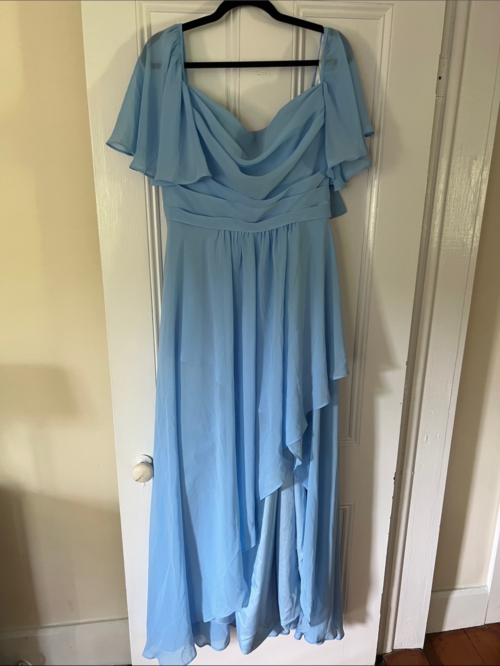 Light Blue Chiffon Ruffle Evening Dress with boning and cups.